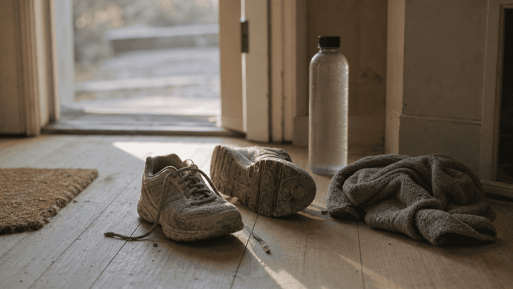 A pair of worn running shoes and a damp towel left by a doorway in early morning light, after a run.