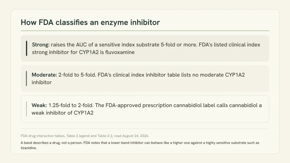 Chart of FDA's three inhibitor bands with the fold-increase definition for each and the example drug named for CYP1A2.
