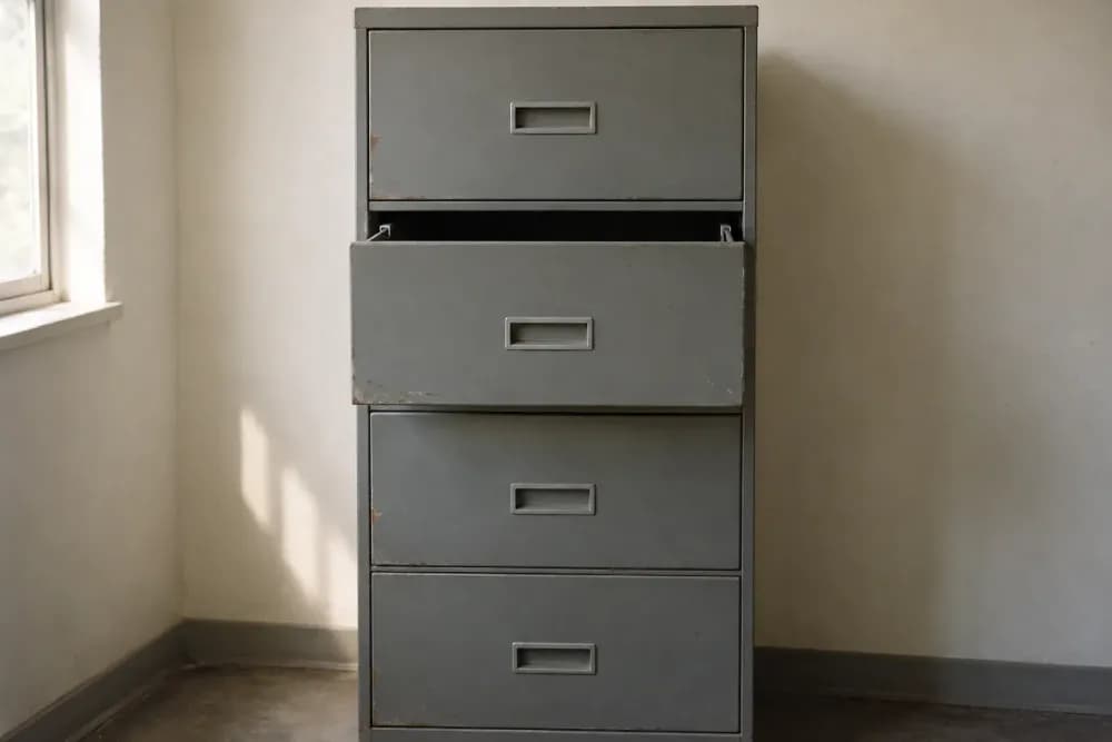 A grey steel filing cabinet with four drawers against a plain wall, the second drawer pulled a few inches open and the rest shut, lit by soft daylight from a window.