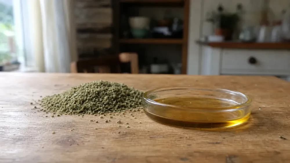 A shallow glass dish of amber oil on a wooden counter beside a small heap of coarse, dry, milled greenish plant material.