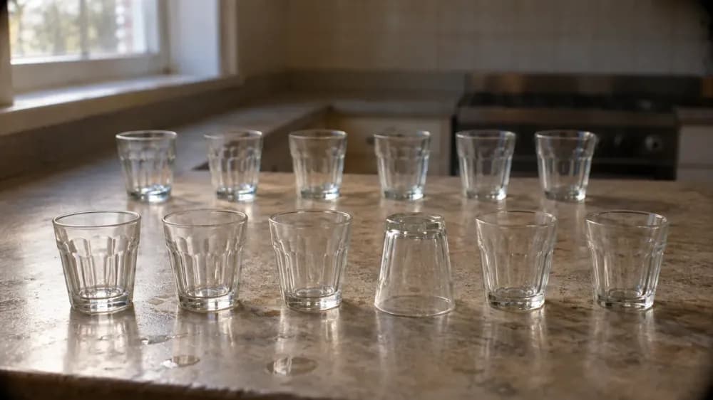 Twelve small drinking glasses on a kitchen counter, eleven standing upright and one turned upside down.