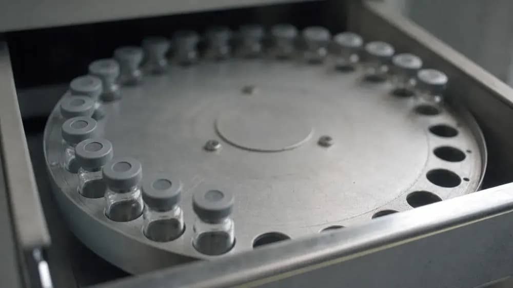 A row of small clear glass autosampler vials with plain septum caps seated in a metal carousel tray inside an open instrument drawer, lit by flat laboratory daylight.