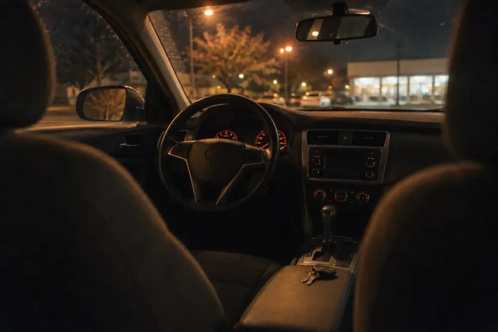The dashboard and empty driver's seat of a parked car at night, lit by streetlights through the windshield.