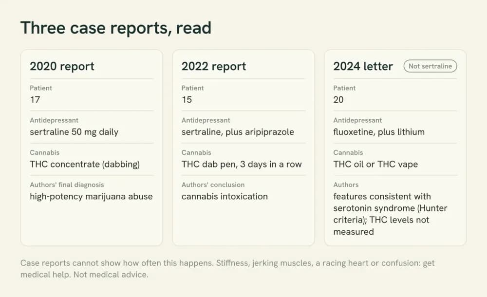 Three cards comparing the published case reports: patient age, antidepressant, THC product and the authors' conclusion for each.