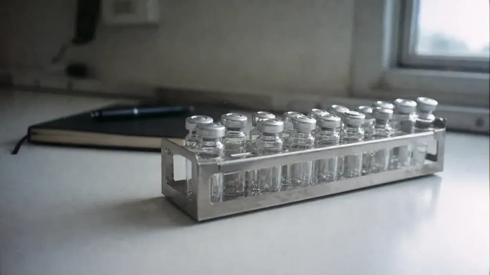 A rack of small clear laboratory sample vials with crimp caps on a plain bench beside a closed notebook, lit by daylight from a window, with nobody in the room.