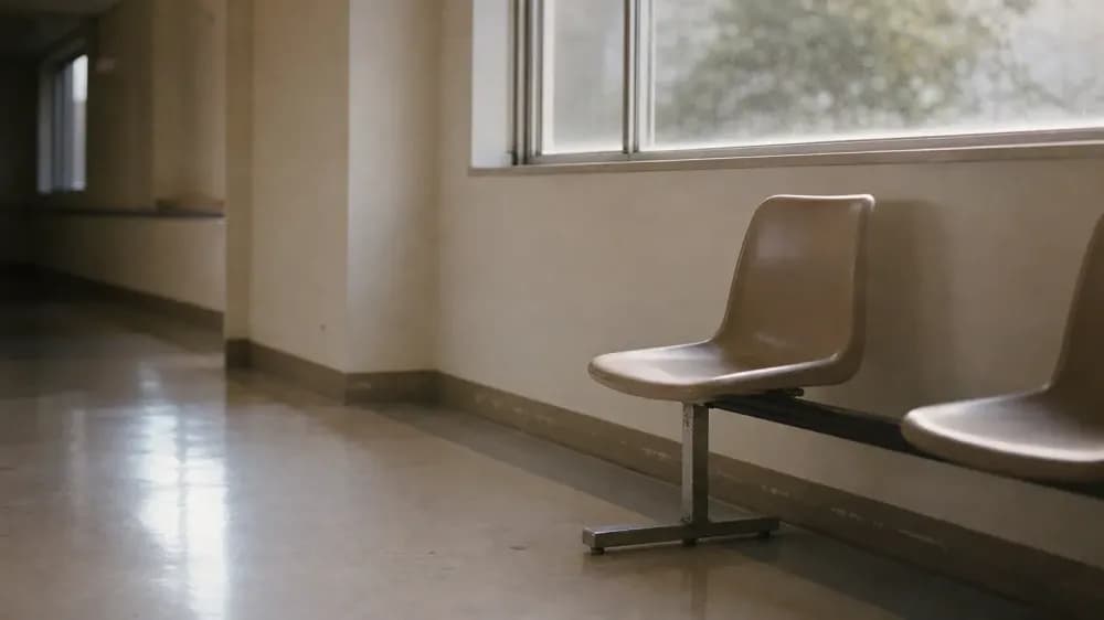 An empty molded plastic waiting chair beside a tall corridor window in early morning light, with a polished floor reflecting the window and no people in the frame.