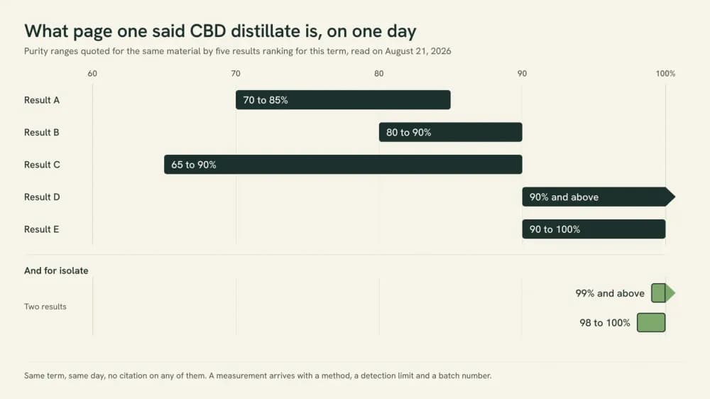 Range chart of five page-one purity claims for CBD distillate on one percentage axis, anonymized as Result A to E: 70 to 85, 80 to 90, 65 to 90, 90 and above, and 90 to 100 percent.