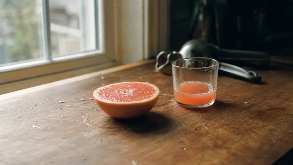 A halved pink grapefruit and a small glass of juice on a kitchen counter in soft morning light.