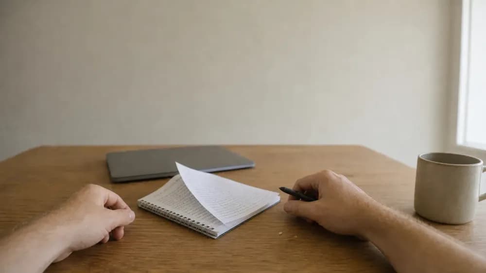 Two hands resting on a kitchen table beside an open notebook and a laptop turned away from the camera, in flat morning light.