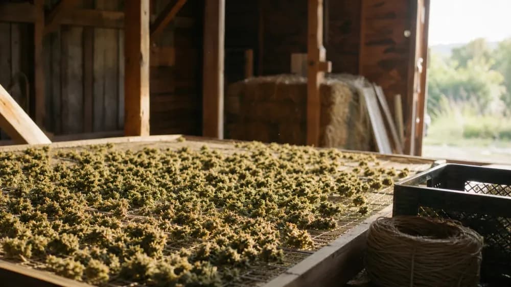 Hemp flower clusters drying on a wire mesh rack inside a wooden barn, with late afternoon light coming through a doorway.