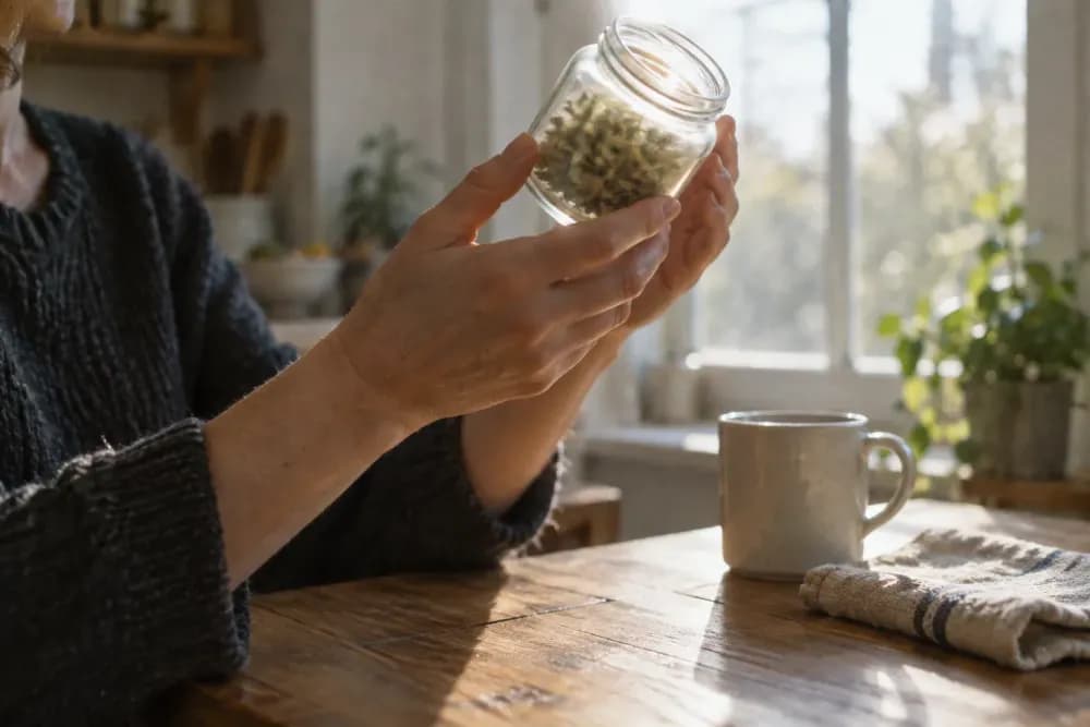 An adult's hands hold a small clear glass jar up to window light at a kitchen table, looking closely at dried contents that are soft and out of focus.