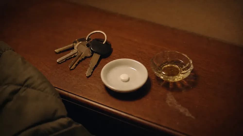 House and car keys on a wooden entry table in low evening light, beside a white saucer holding one unmarked round white tablet and a small dish of pale golden oil.