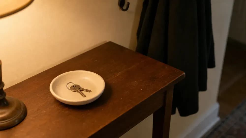 A single set of car keys dropped into a shallow ceramic dish on a hallway table, lit by a warm lamp, with a coat hanging out of focus behind.