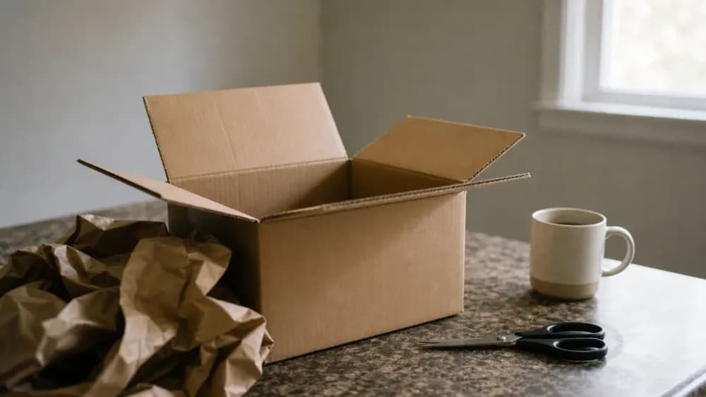 An opened plain kraft shipping box on a kitchen counter with crumpled packing paper, scissors and a half-full mug beside it.