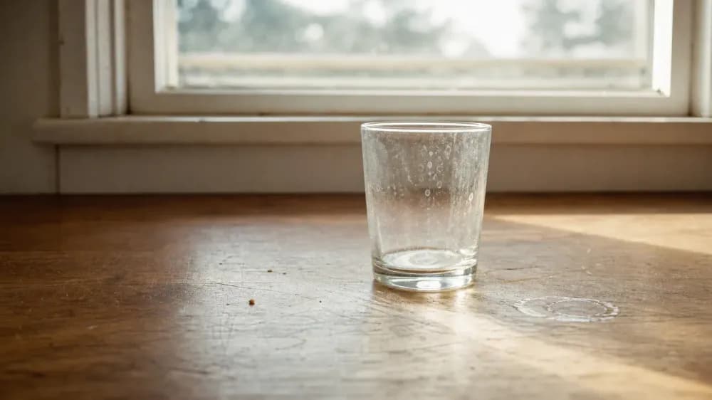 Early morning daylight falling across a plain kitchen counter with a single empty water glass, seen candidly.