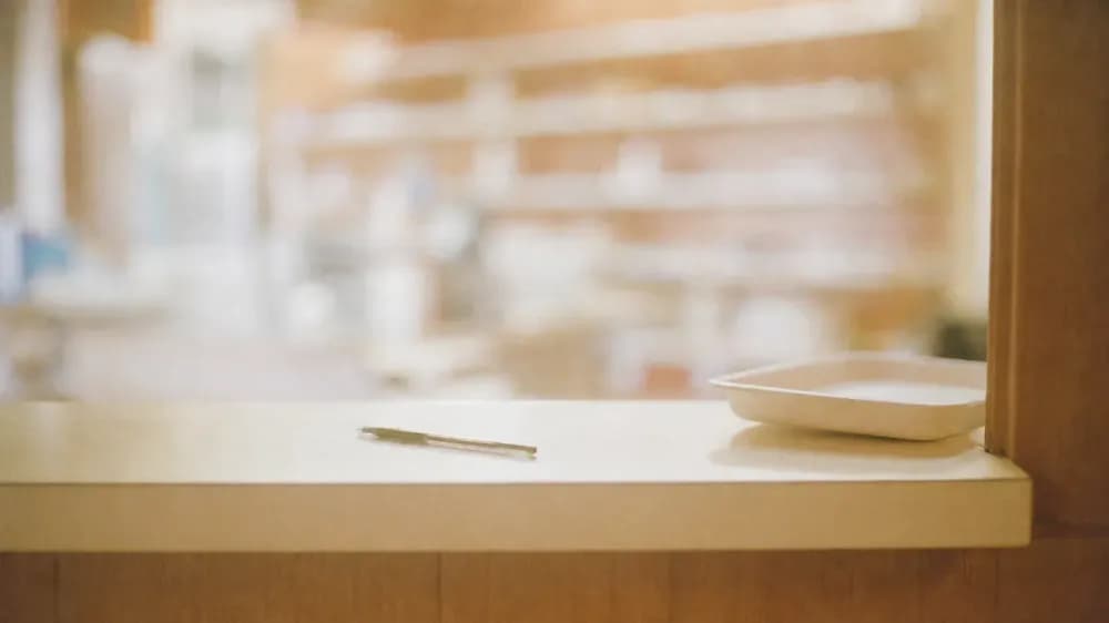 A quiet community pharmacy consultation counter photographed from the customer's side, with a clean empty counter, a pen, and heavily blurred shelving behind it.