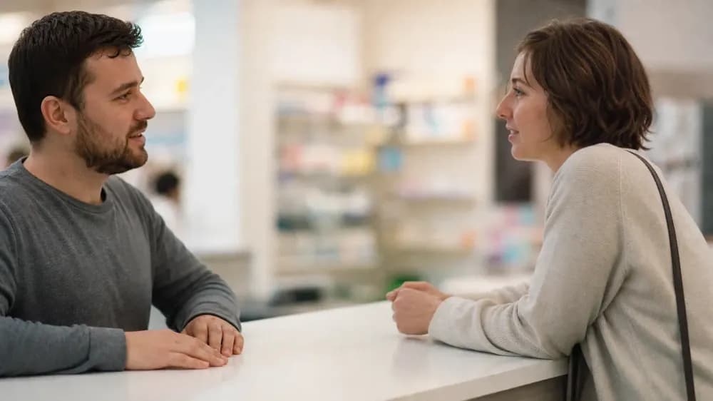 A pharmacist and a customer talking across a pharmacy counter, hands and faces in frame, background shelves out of focus.