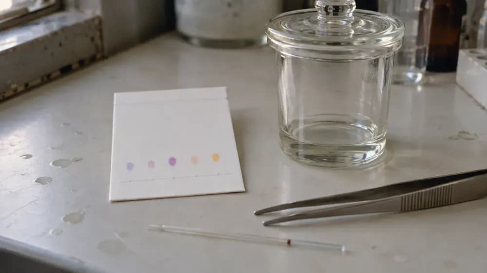 A small thin-layer chromatography plate with faint colored spots in a row, resting beside a glass developing jar on a laboratory bench.
