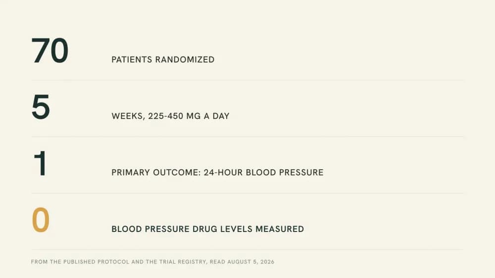 Diagram of what the closest randomized trial in hypertensive patients measured: 70 patients randomized, five weeks of dosing, one primary blood pressure outcome, and zero measurements of any blood pressure drug's level.