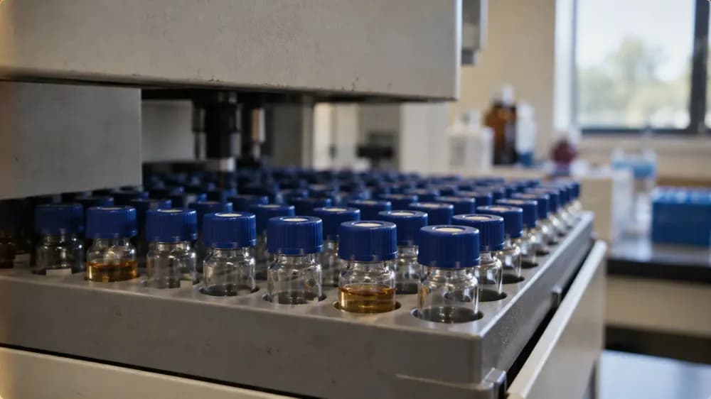 Rows of small capped glass sample vials seated in the tray of a laboratory chromatography instrument, photographed close with shallow focus.