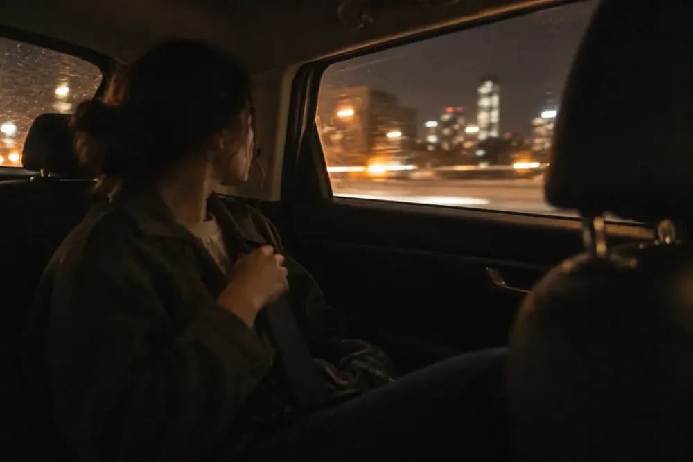 A passenger in the back seat of a car at night fastening a seatbelt, with blurred city lights passing through the side window.