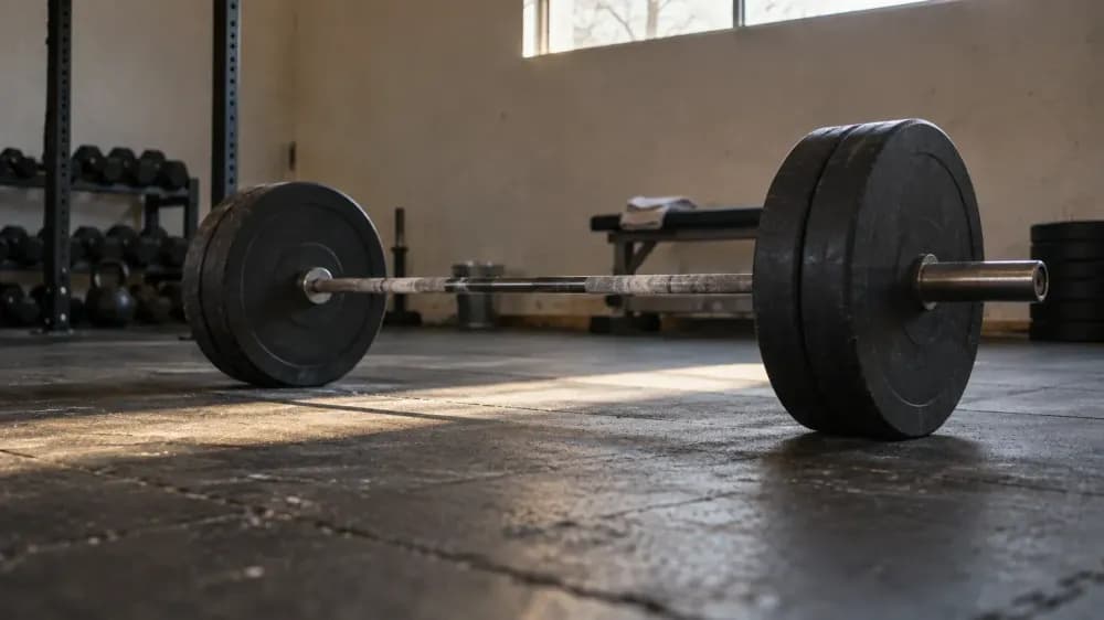 A loaded barbell resting on a scuffed rubber gym floor in early morning light, with chalk dust on the bar and no one in frame.