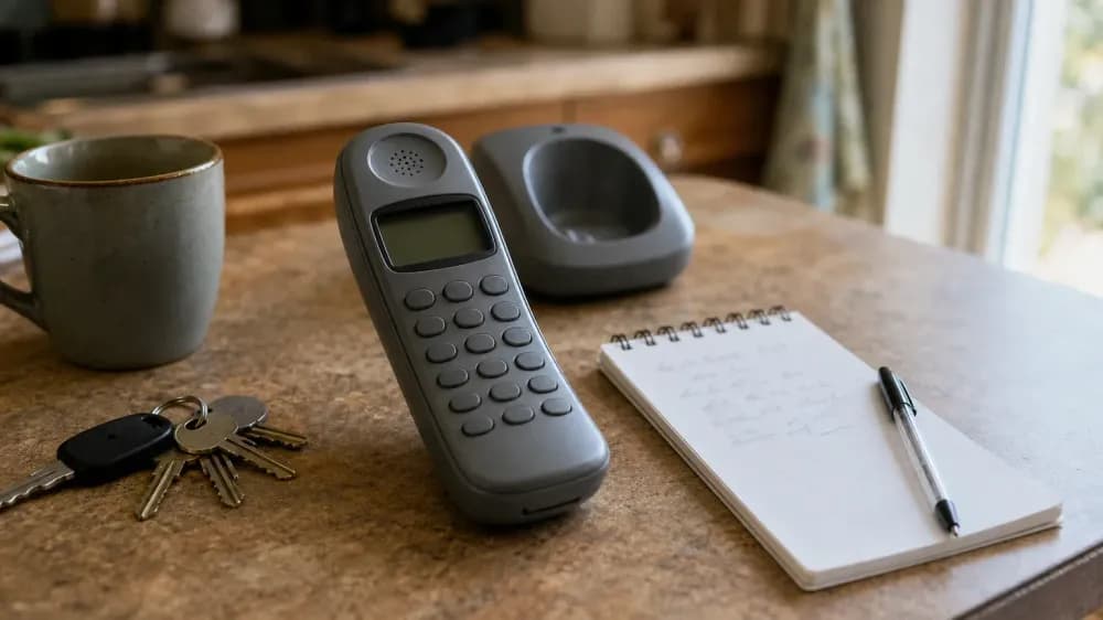 A cordless phone handset resting off its base on a kitchen counter beside a notepad and a pen, morning light through a window.