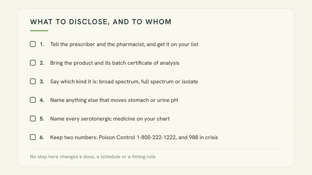 Checklist card listing what to disclose to a prescriber before combining a CBD product with a prescribed stimulant, footed by a line stating that no step changes a dose.