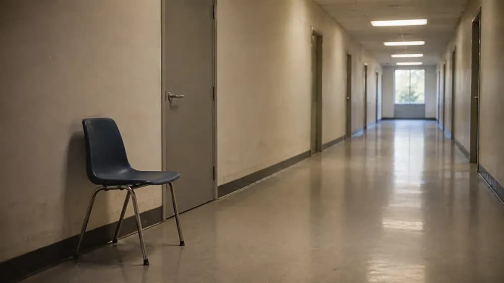 A single empty chair against the wall of an institutional corridor beside a closed door, overhead lights on and nobody in sight.