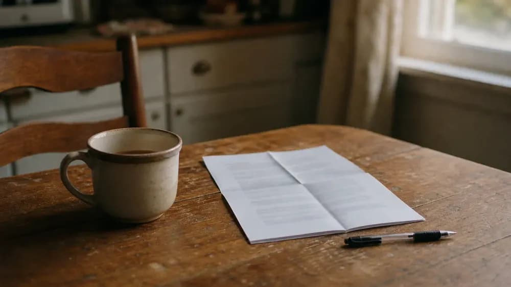 A folded printed page and a ballpoint pen resting on a kitchen table beside a mug, photographed so shallow that none of the type on the page resolves into readable words.