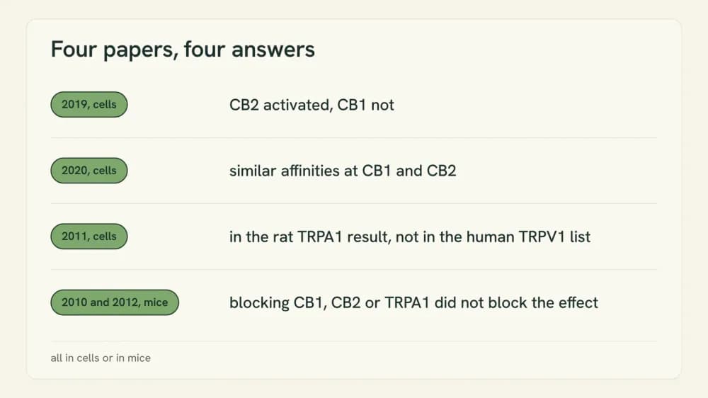A four-row card. Each row names one preclinical study and its mechanism finding: CB2 and not CB1; similar affinities at both; rat TRPA1 but not the human TRPV1 list; and blockers that did not block.