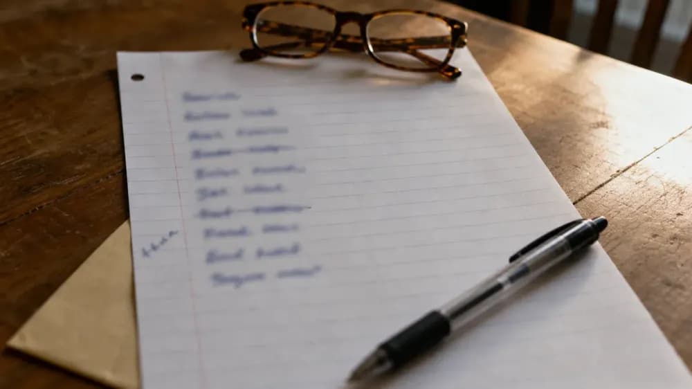 A handwritten medication list on lined paper beside a pair of reading glasses on a kitchen table in afternoon light.