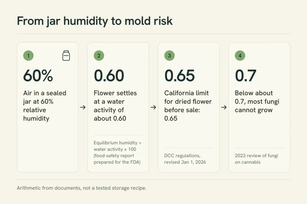Chain diagram: air at 60% relative humidity in a sealed jar, flower water activity about 0.60, California's 0.65 pre-sale limit for dried flower, and below about 0.7 most fungi cannot grow.