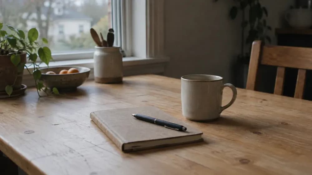 A closed paper notebook with a pen resting on it beside a mug on a kitchen table, in soft morning window light.