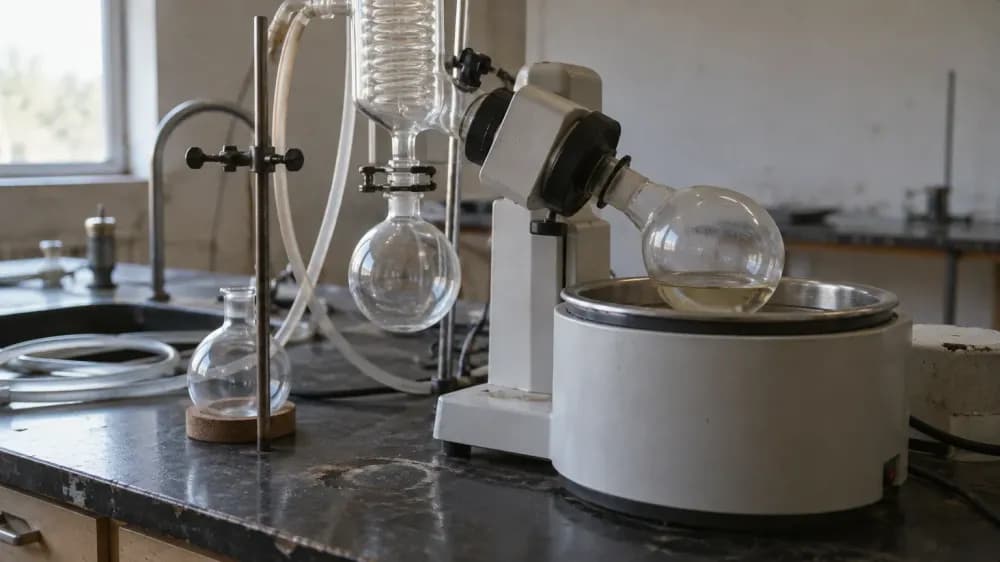 A worn laboratory bench with a round-bottom flask mounted on a rotary evaporator, a clamp stand and empty glassware beside it, in flat daylight.