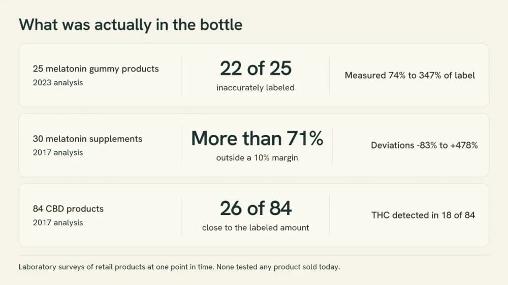 Graphic summarizing measured label accuracy in three published analyses of melatonin and CBD products.