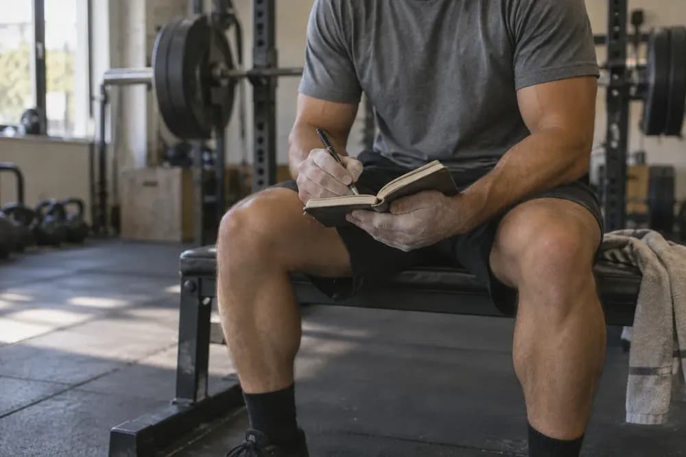 An adult lifter sitting on a gym bench between sets, writing in a small paper training notebook, face out of frame, with a barbell rack softly blurred behind.