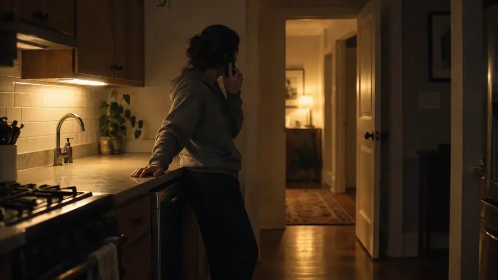 A person standing in a dim kitchen at night, leaning on a bare counter with a phone held to one ear, looking toward a softly lit doorway.