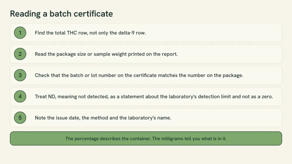 Checklist graphic listing five things to look for on a batch certificate: the total THC row, the printed package weight, a matching batch number, ND read as a detection limit, and the issue date with the method and laboratory name.