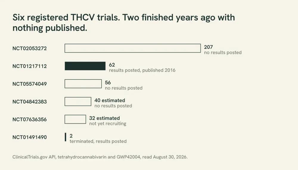 Chart of six registered THCV trials showing status and enrolment, with the 207-participant trial completed in February 2016 and the 56-participant trial completed in May 2022 both marked as having posted no results.