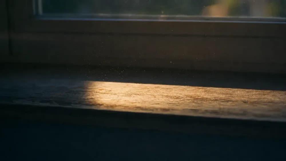 Hard afternoon sunlight falling in a bright band across a bare wooden windowsill, dust visible in the beam, with a cool dim kitchen falling away behind it.