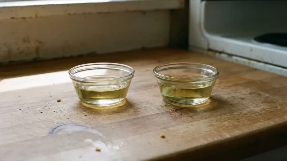 Two small shallow glass dishes of pale gold oil on a plain kitchen counter, one sitting in a band of window light and the other just outside it in shadow.