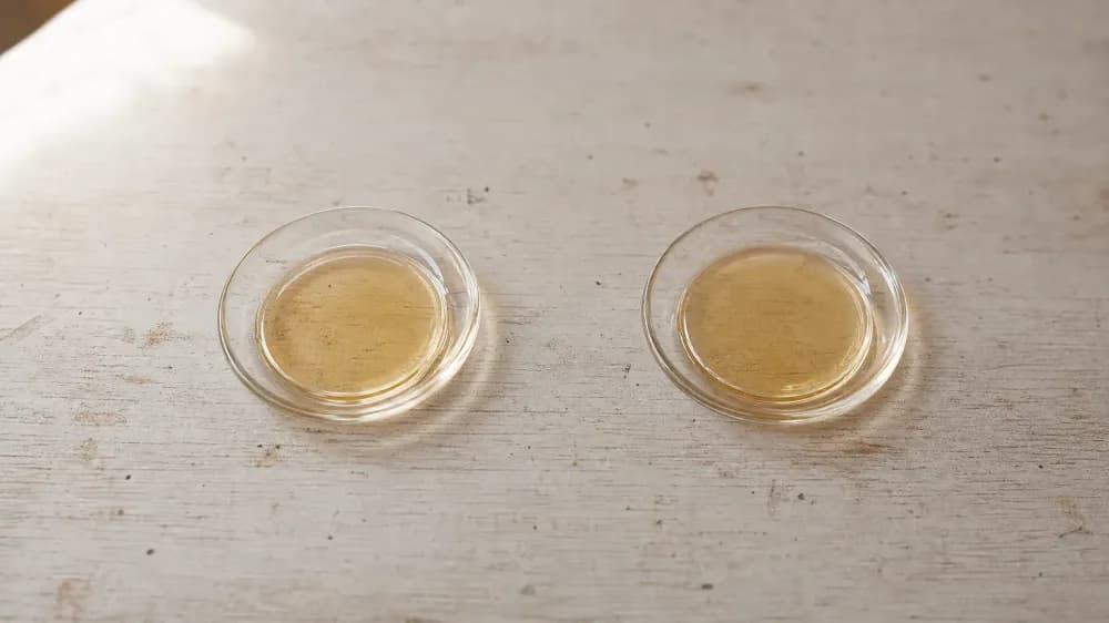 Two small clear glass dishes of pale amber oil on a pale wooden surface, visually identical to each other in daylight.