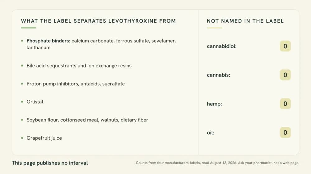 Contrast graphic showing the agents the levothyroxine label attaches its four-hour separation rule to, beside a panel noting that cannabidiol, hemp, cannabis and oil appear zero times in the label.