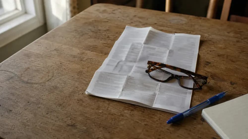 A folded pharmacy information leaflet, a pair of reading glasses and a pen on a kitchen table in soft morning light, the printed text blurred past legibility.