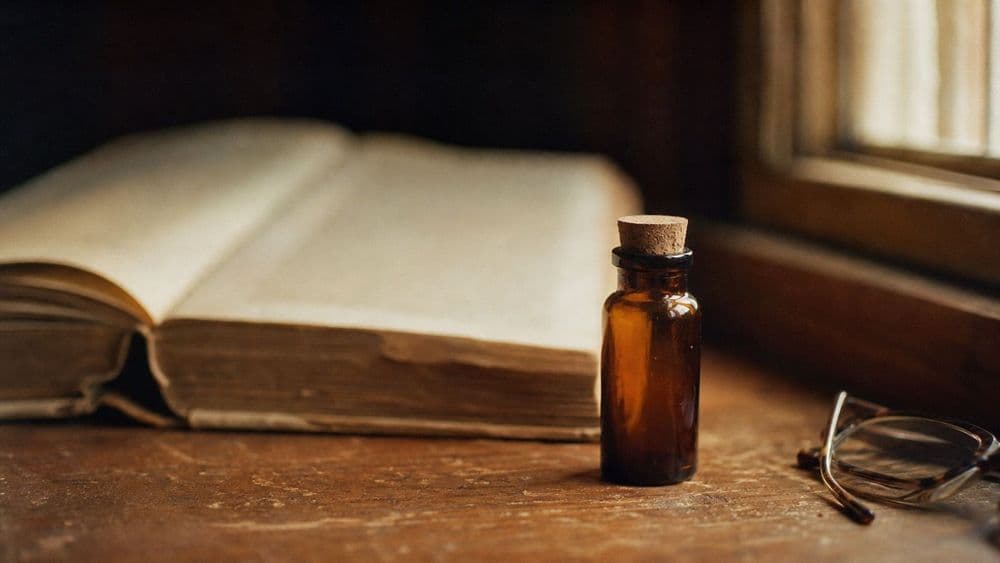 A small corked amber apothecary bottle on a wooden desk beside an open antique medical book, the pages far out of focus and unreadable.