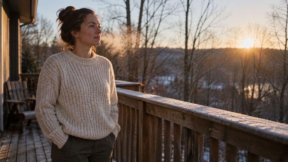 An adult in a knit sweater standing on a back porch on a cold morning, breathing out a visible cloud of breath, hands in pockets.