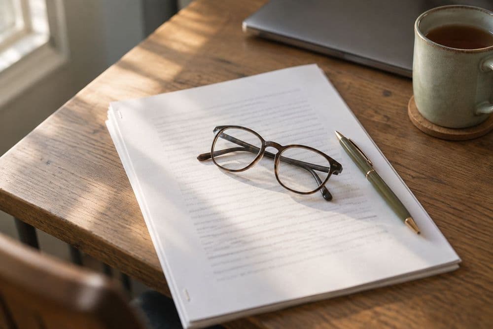 A printed multi-page document lying open on a wooden desk, with folded reading glasses and a pen resting on it, in soft window light.