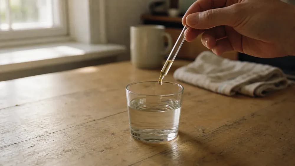 A plain glass pipette held over a small glass of water on a kitchen table in the morning, with one drop about to fall.