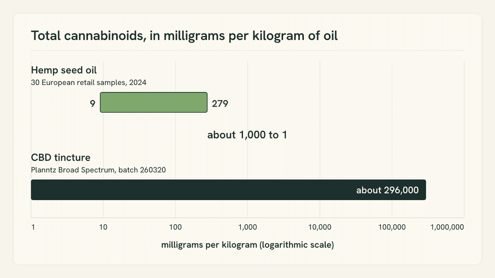 Logarithmic bar chart comparing total cannabinoid concentration: hemp seed oil at 9 to 279 mg per kilogram against a CBD tincture at roughly 296,000 mg per kilogram.